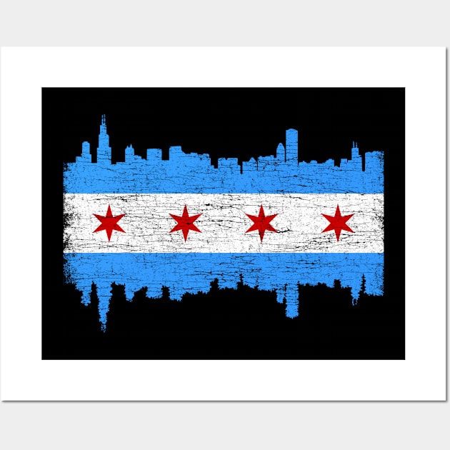 Chicago City Flag Skyline Vintage Retro Wall Art by zurcnami